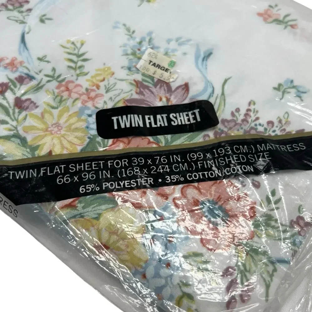 NEW VTG Pequot No Iron Percale Floral Ribbon 90s Cottage Twin Flat Sheet Crafter